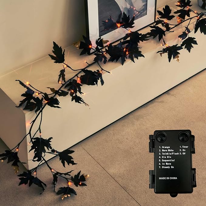 Halloween Black Maple Garland with Lights & Timer