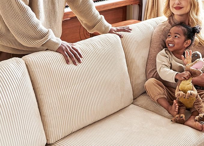 Nolany Sectional Couch with Storage Ottoman in Beige Corduroy