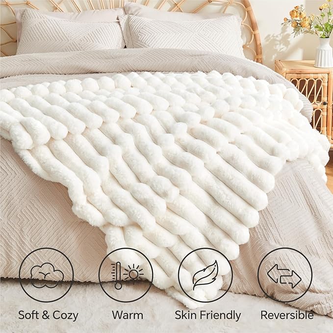 Super Soft and Cozy Faux Rabbit Fur Throw Blanket - Cream, 60 x 80 inch