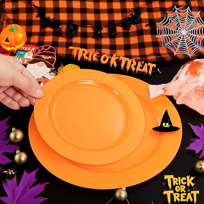 Set of 60 Heavy Duty Orange Plastic Plates Disposable for Halloween & Thanksgiving Parties - Serves 30 Guests