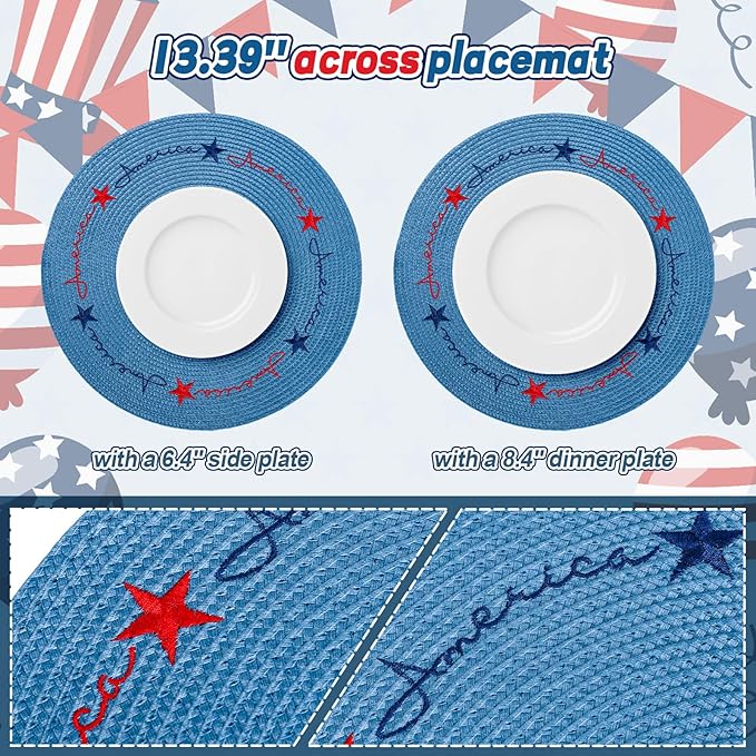 Set of 4 Round Patriotic Embroidered Place Mats