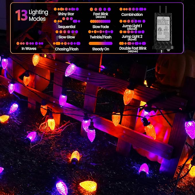 LED Purple and Orange Indoor/Outdoor Halloween Lights - 200 String Lights with 13 Modes & Timer, Waterproof