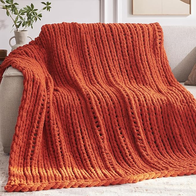 Chunky Knit Throw Blanket - Burnt Orange 60 x 80 inch