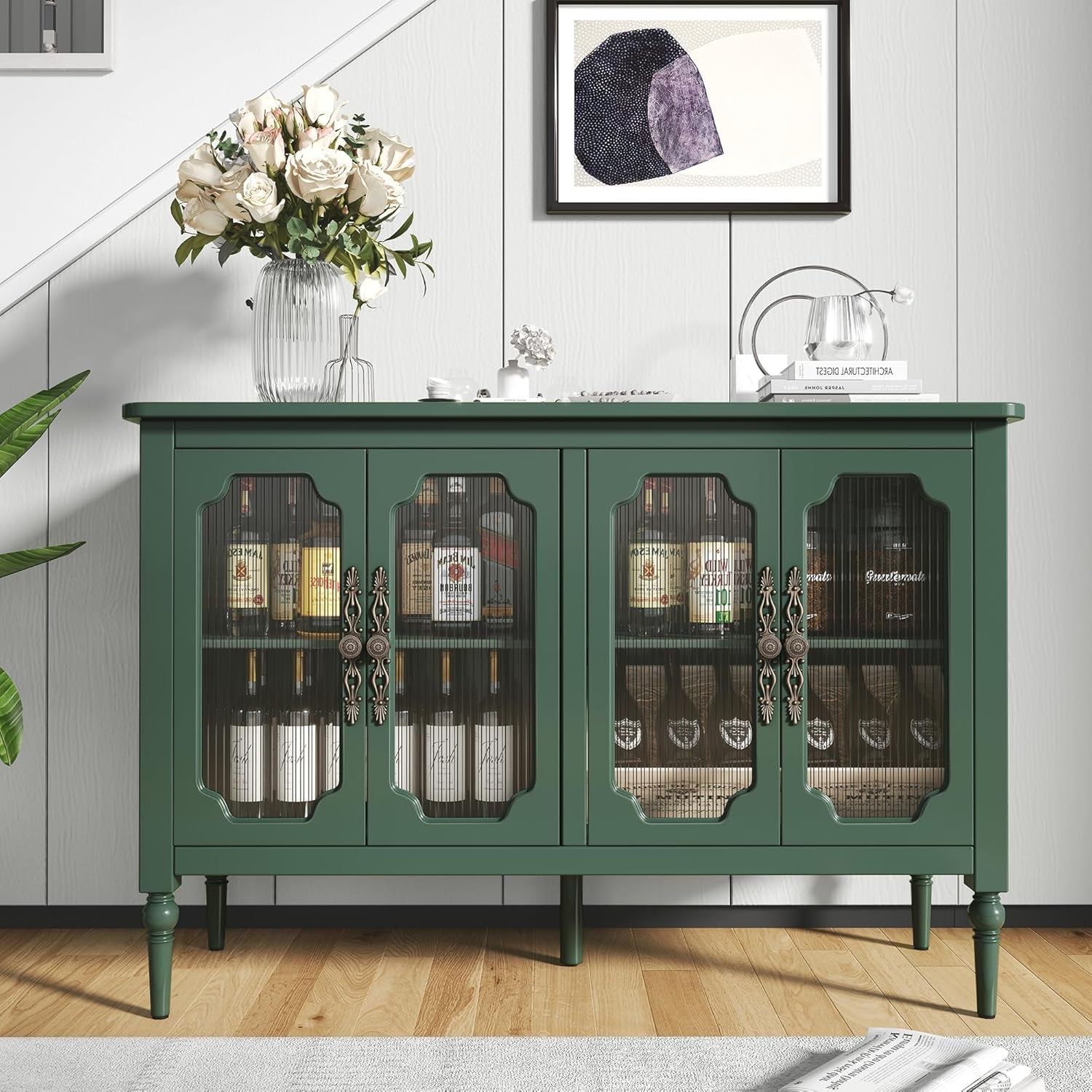 Vintage Sideboard With Glass Doors in Emerald Green