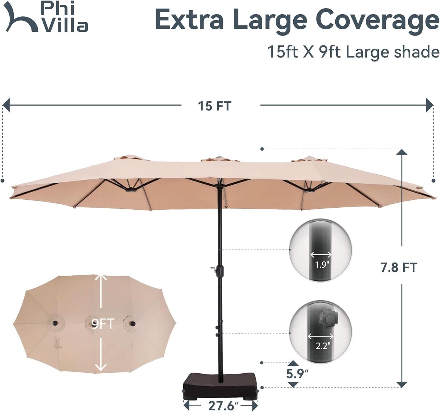 15 Foot Extra Large Patio Umbrella For Outdoor Shade