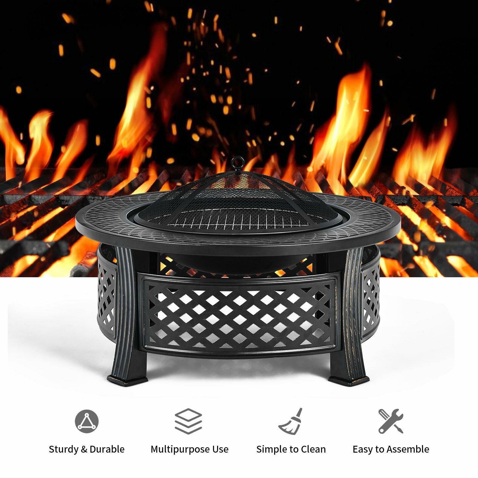 Outdoor Fire Pit with BBQ Grill and High-Temp Resistance Finish