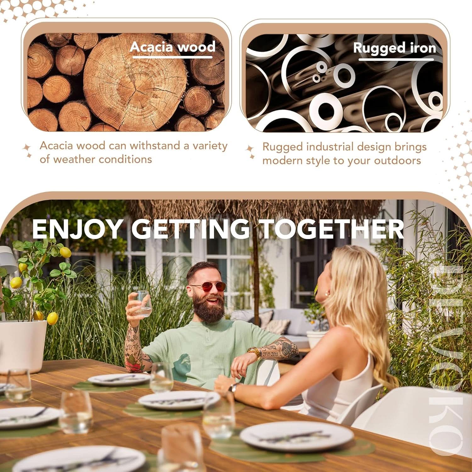 Acacia Wood indoor/Outdoor Dining Table For 6 With Iron Legs