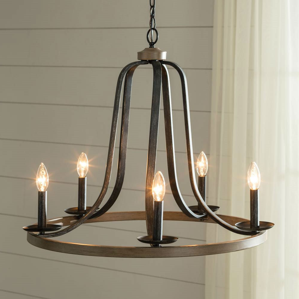 Rustic 5 Light Dimmable Circle Chandelier - Black/Oak Finish