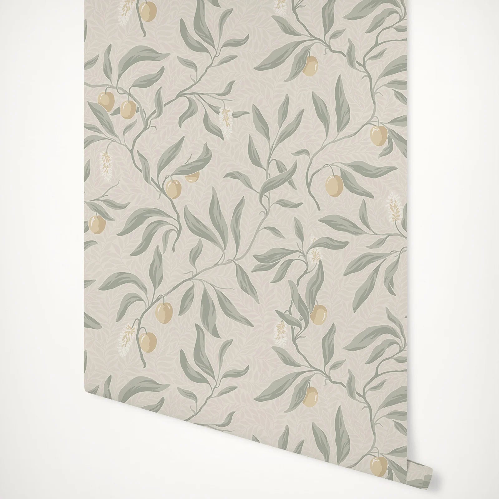 Branches and Lychee Handpainted Peel & Stick Wallpaper in Sage Green