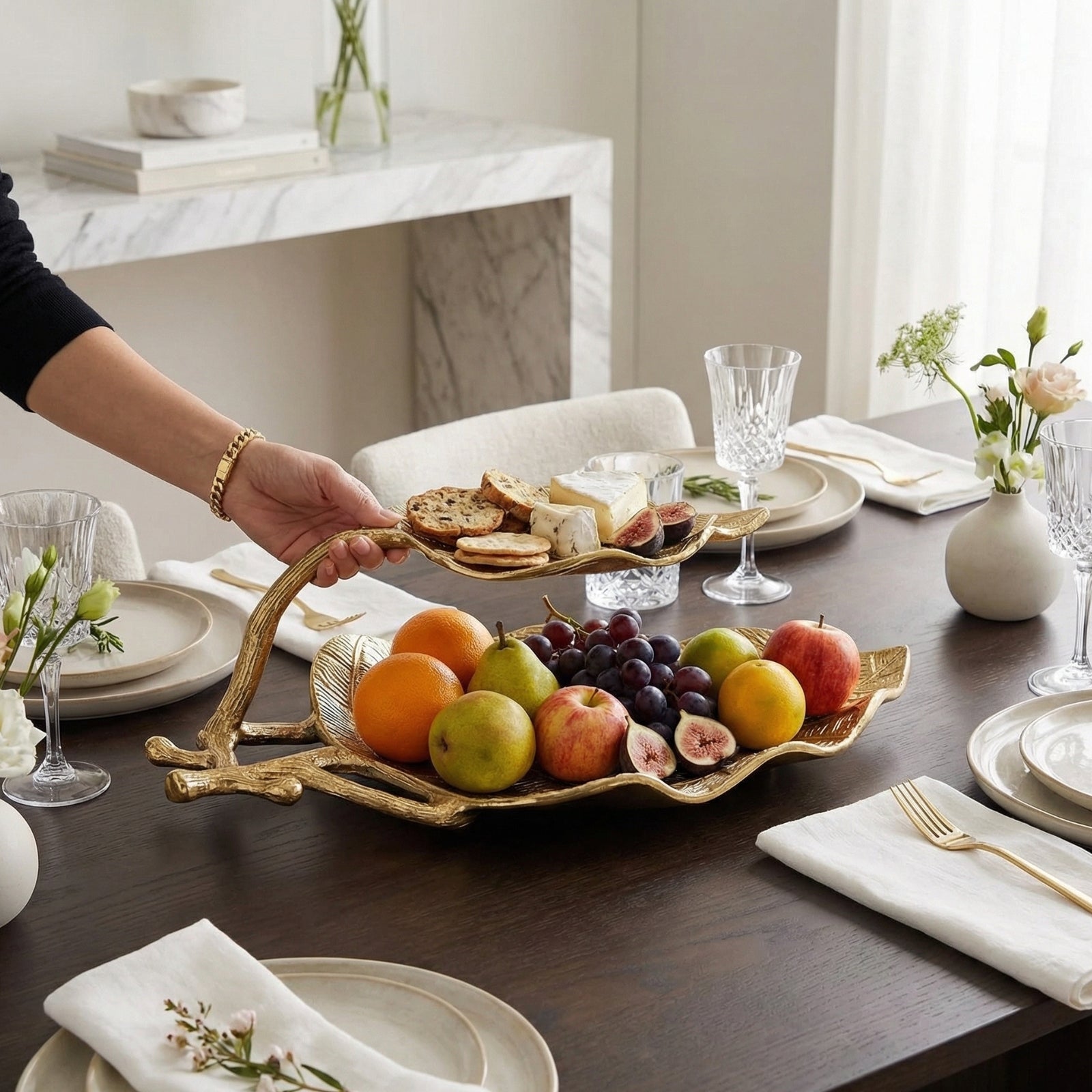 Large Gold Leaf 2 Tier Serving Tray