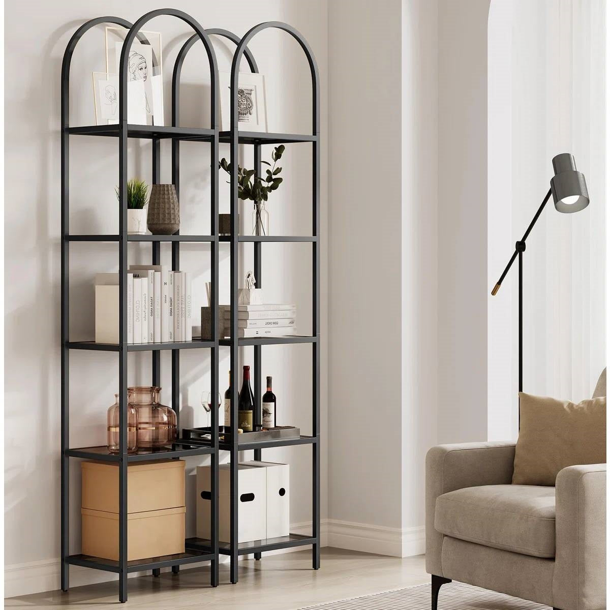 Arched Top Black Metal Narrow Bookcase/Display Rack with 5 Glass Storage Shelves
