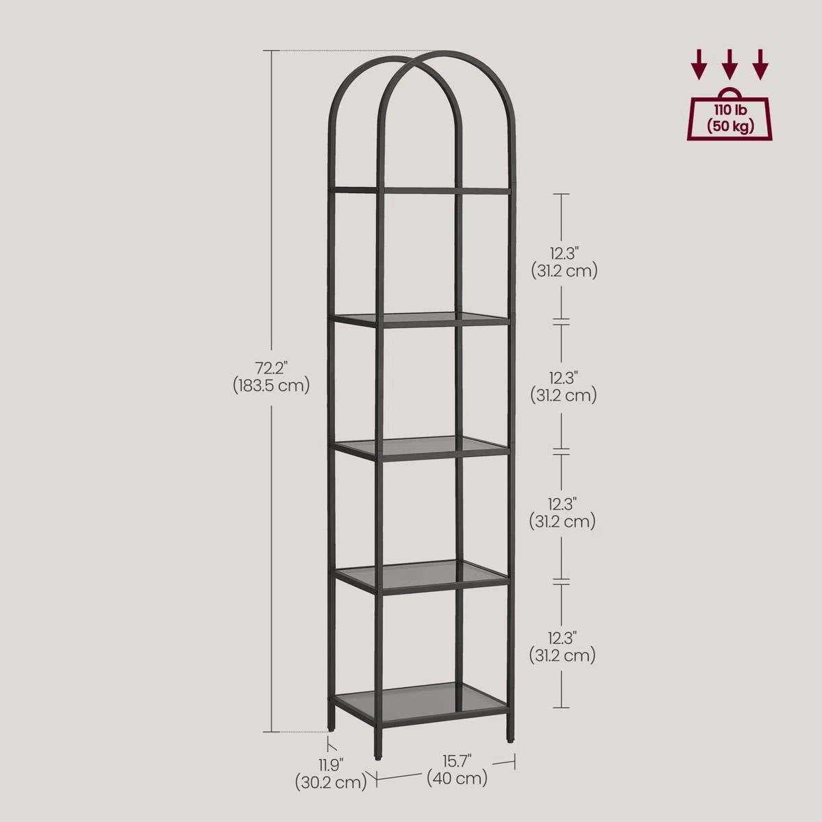 Arched Top Black Metal Narrow Bookcase/Display Rack with 5 Glass Storage Shelves