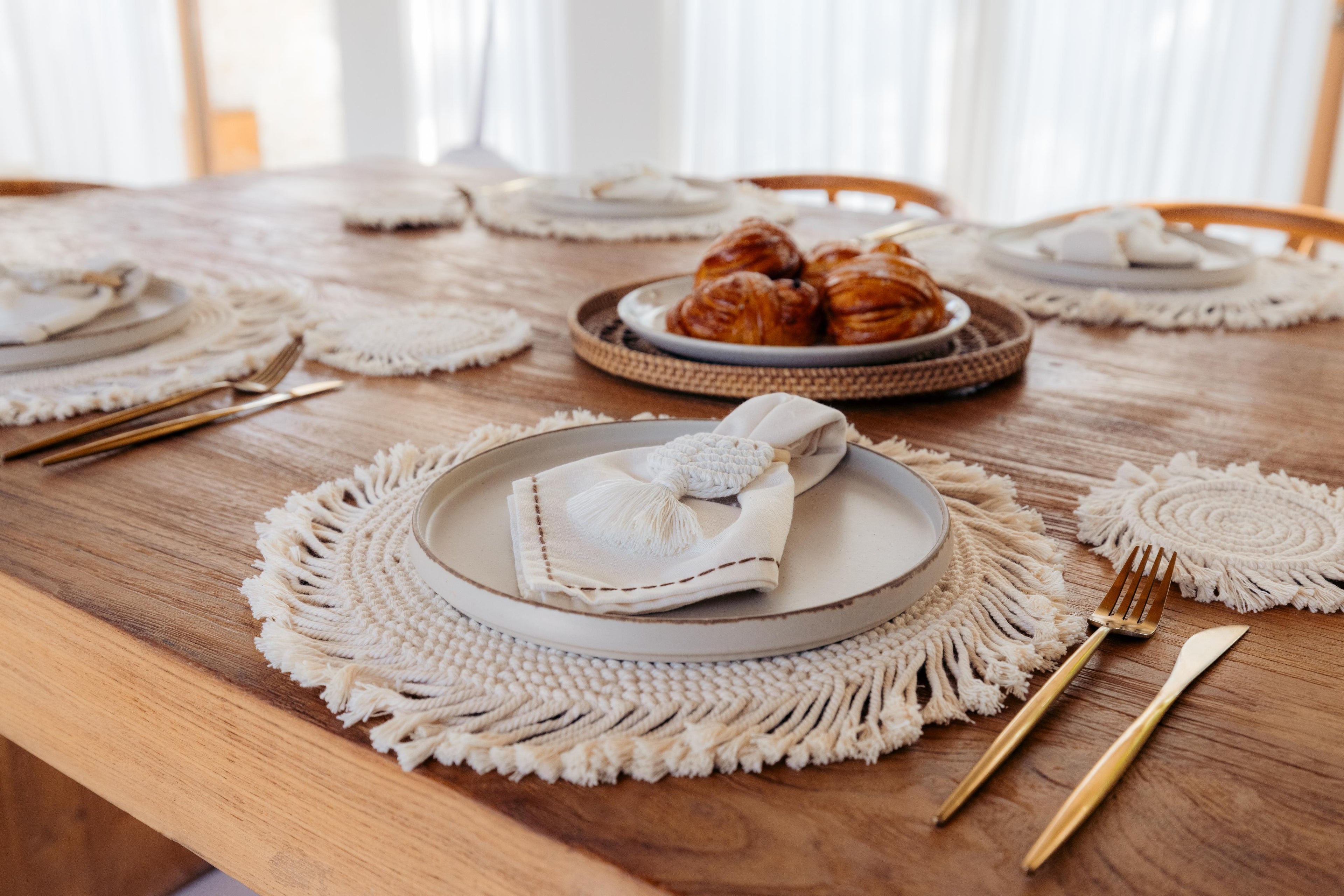 Round Macrame Placemat and Coaster Set for 4 - 2 Colors