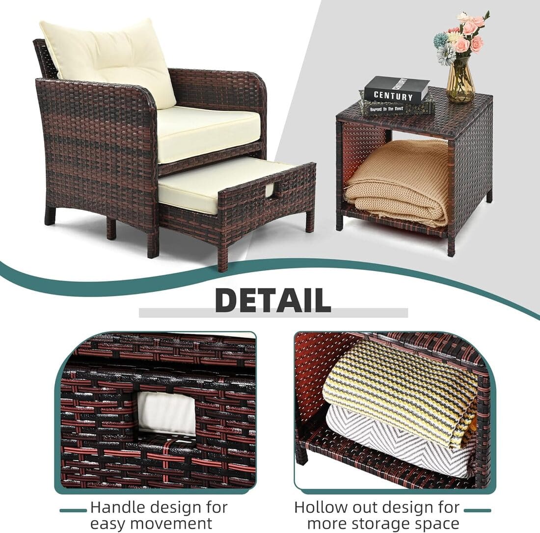 5-Piece Patio Lounge Set, Rattan with Cushions in Beige or Grey