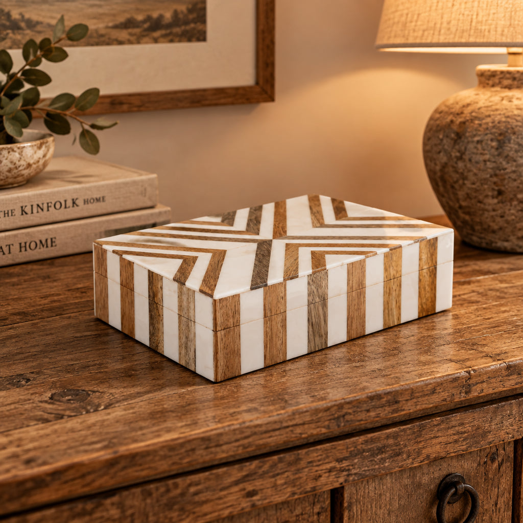 Marquet Chevron Resin & Wood Inlay Decorative Box - 8 Sizes