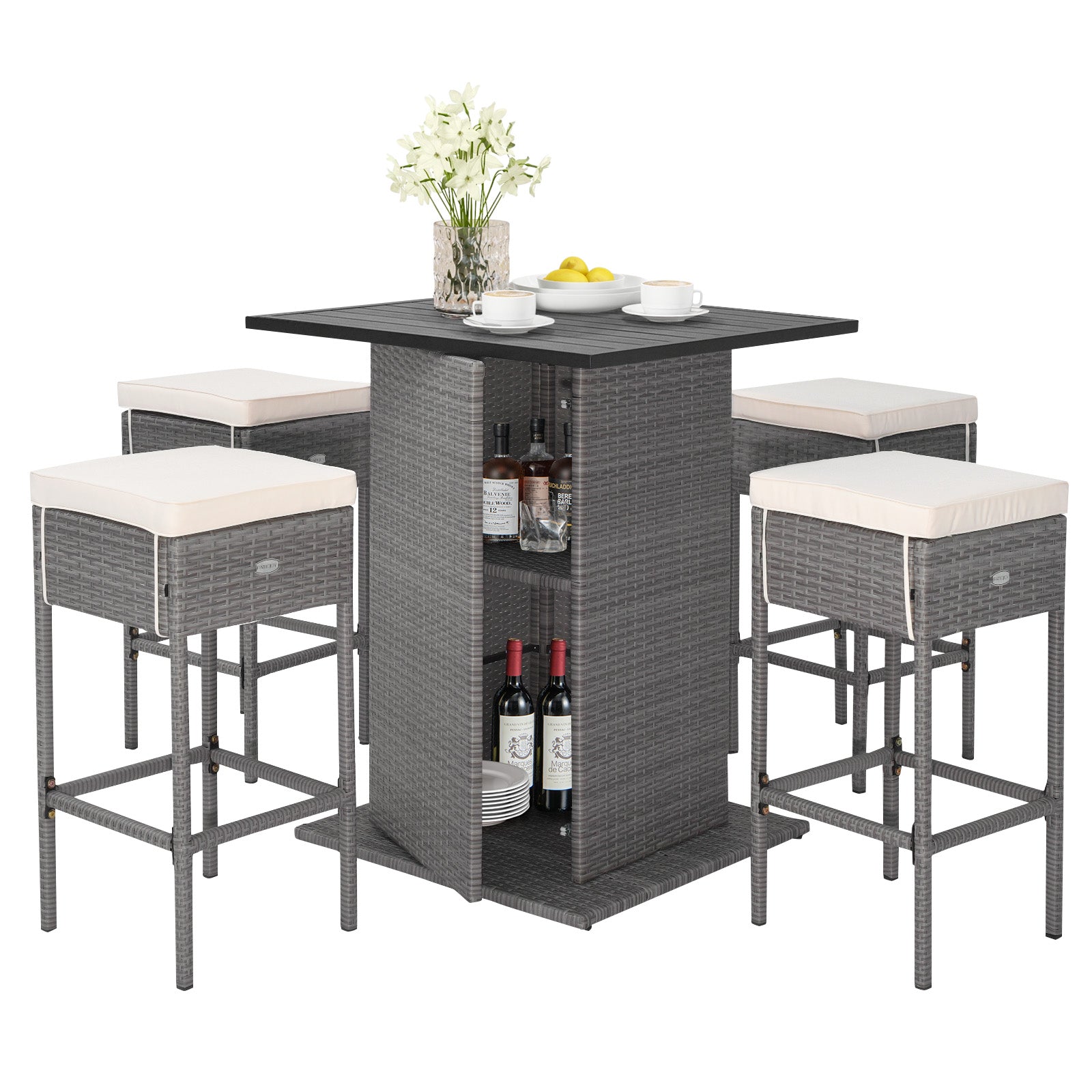 Outdoor Wicker Bar Dining Set with Hidden Storage Shelves - 5 Pc Set