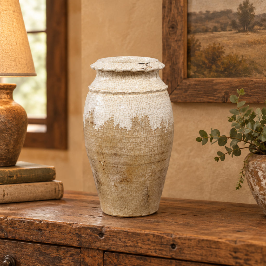 White and Tan Crackle Glazed Round Vase with Waffle Trim