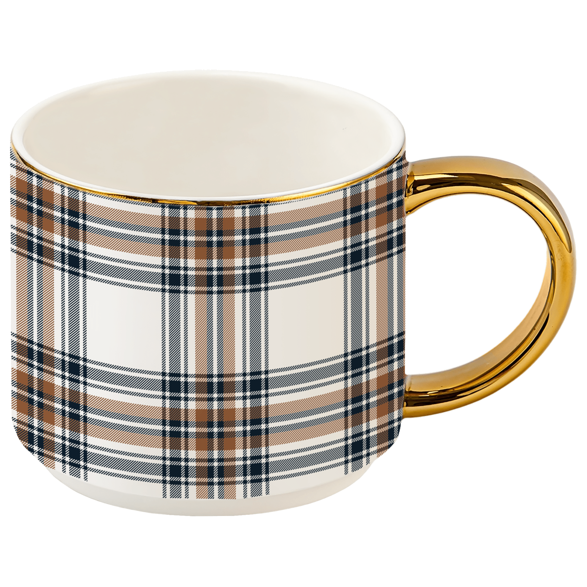 Orange Navy Plaid 14 oz Gold Handle Coffee Mug