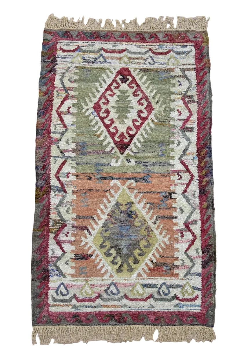Timbergirl Kilim Sage Coral 100% Cotton Handmade Rug