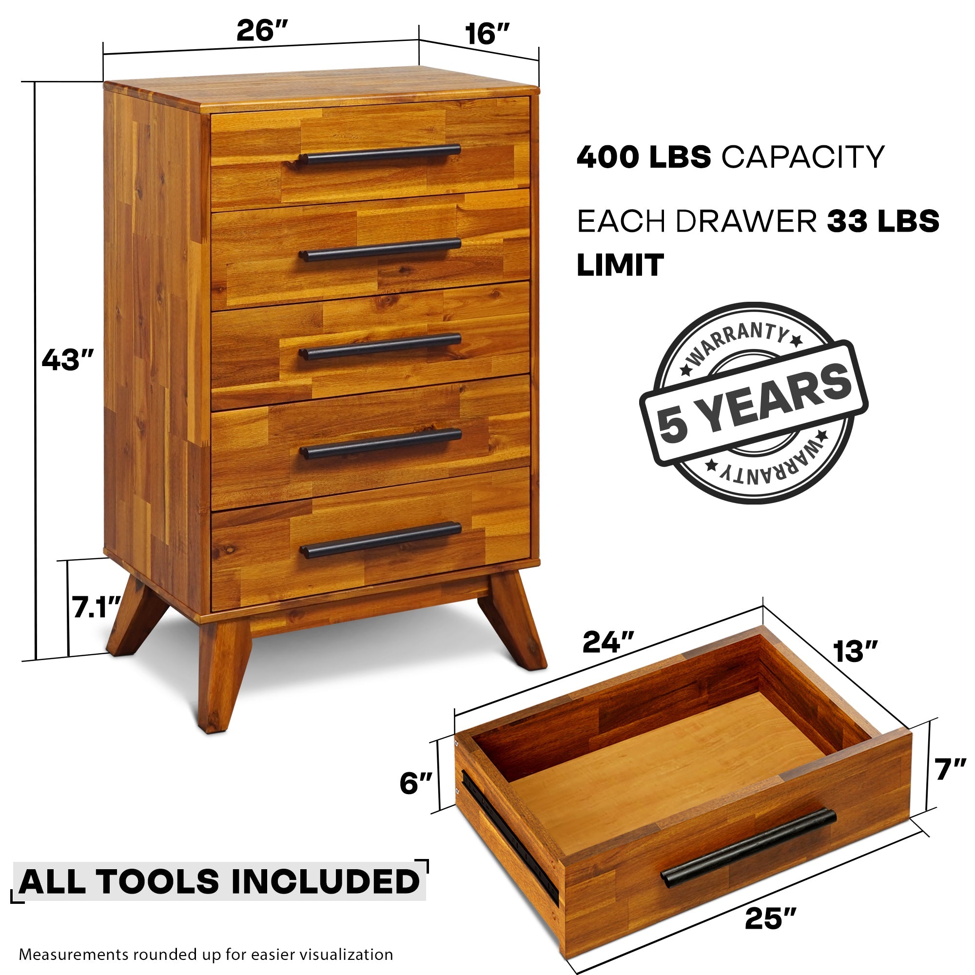 Acacia Linea Solid Wood Dresser in Caramel or Walnut