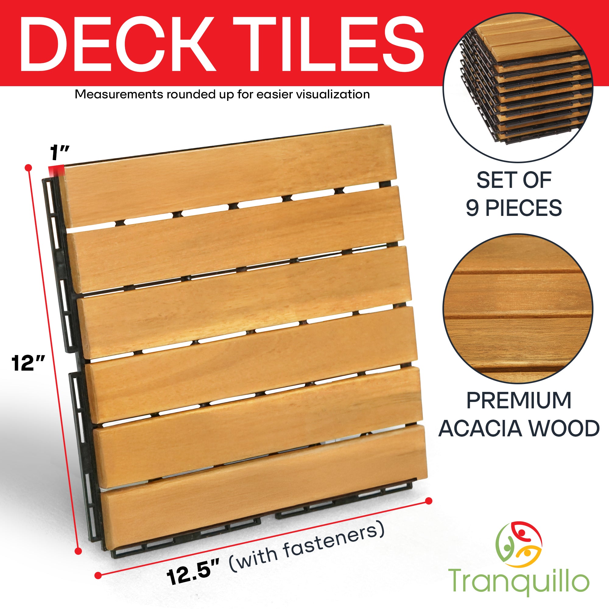Solid Wood Deck Tiles Solid Slat Style - Box of 9, 2 Colors