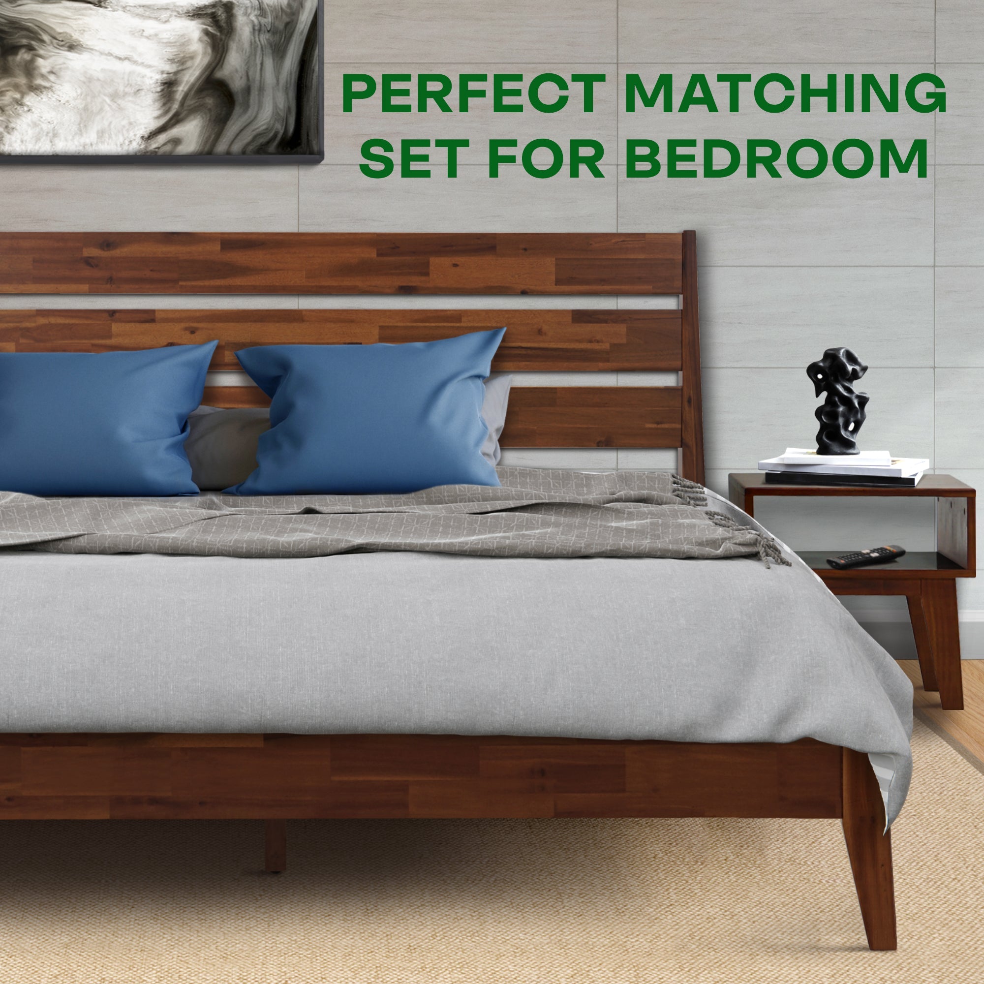 Emery Bed Frame & Nightstand Set - Acacia Solid Wood in Walnut, or Americano