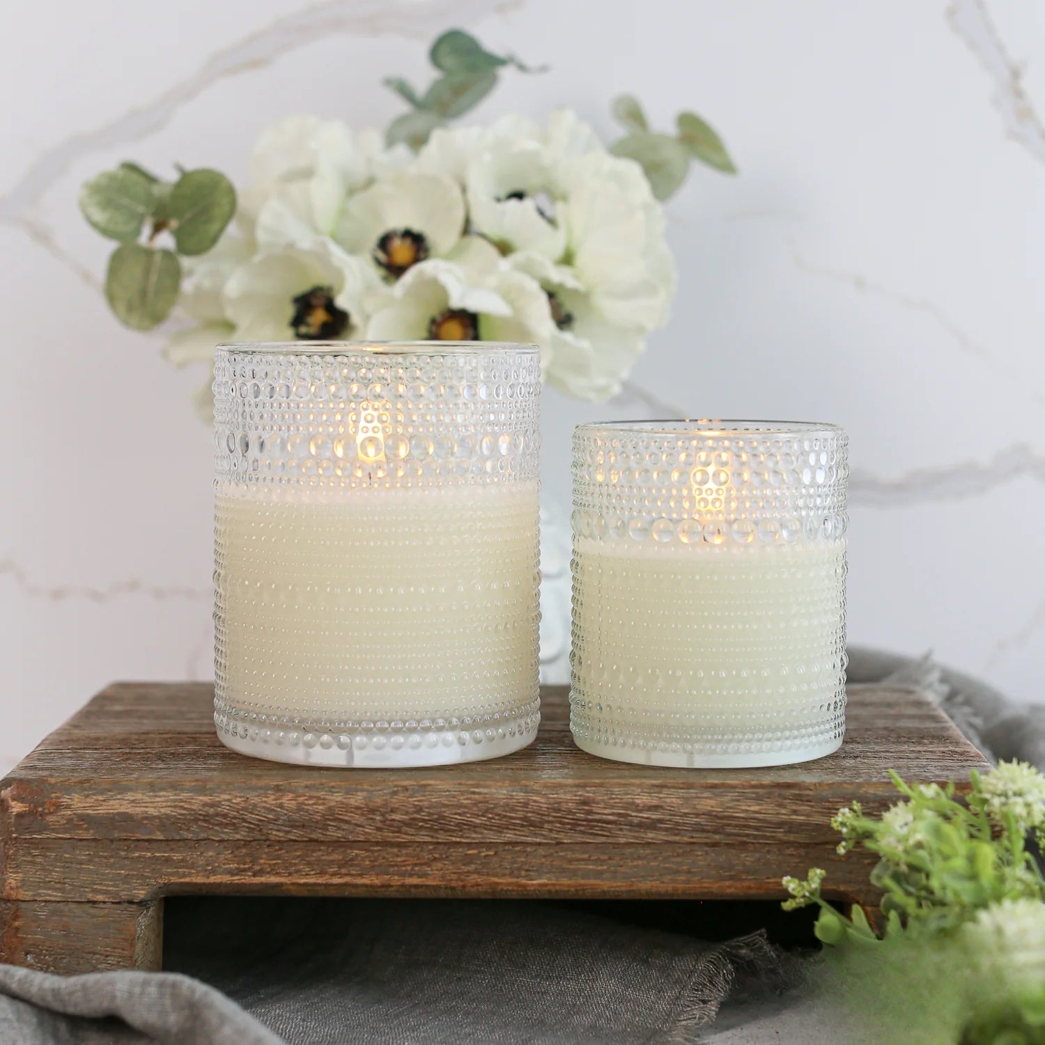 Clear Hobnail Glass 3D Flame LED Candles - 2 Sizes