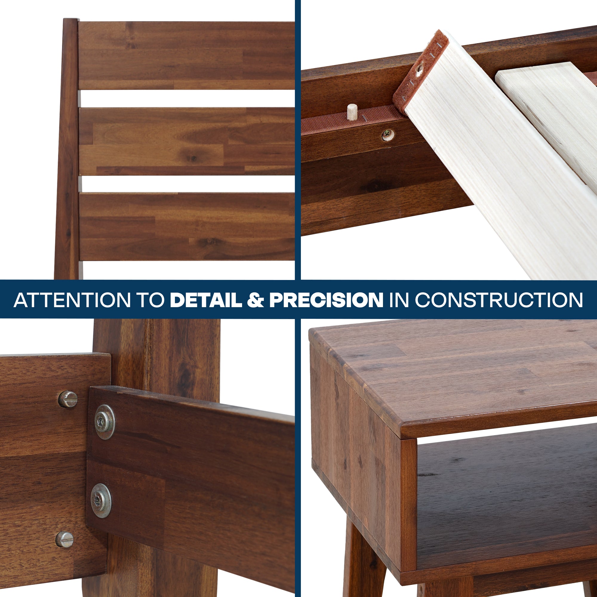 Emery Bed Frame & Nightstand Set - Acacia Solid Wood in Walnut, or Americano