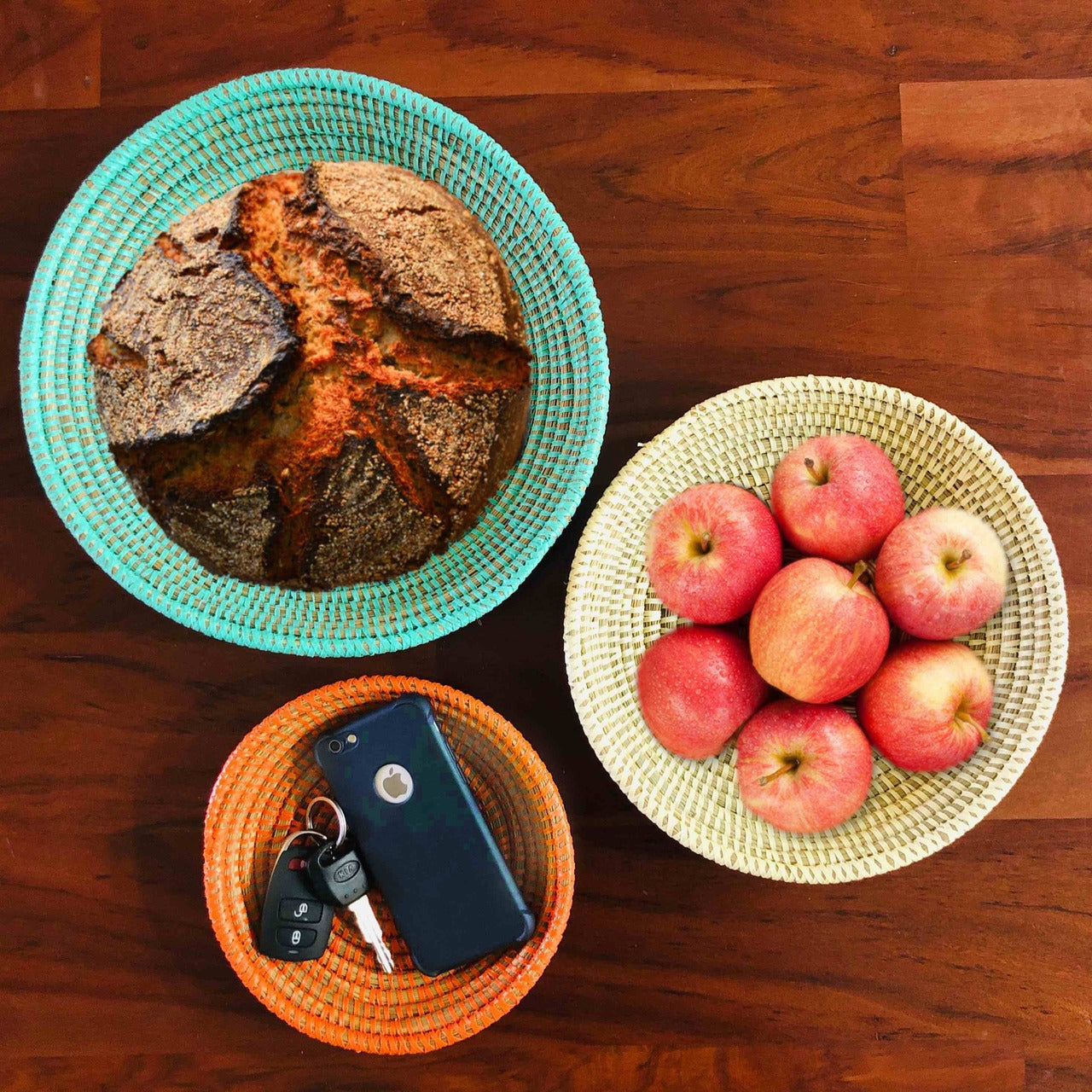 Set of 3 Tabletop Basket Bowls - Orange/ Turquoise/ White