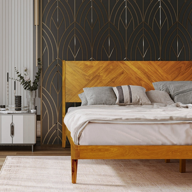 Gazelle Acacia Platform Bed Frame With Headboard - Caramel, Walnut