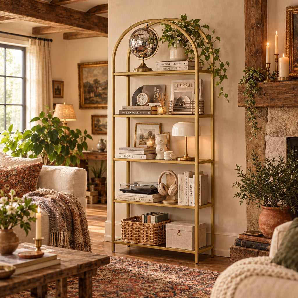 Modern Gold Metal Arched Top Display Rack/ Bookcase with 5 Glass Storage Shelves