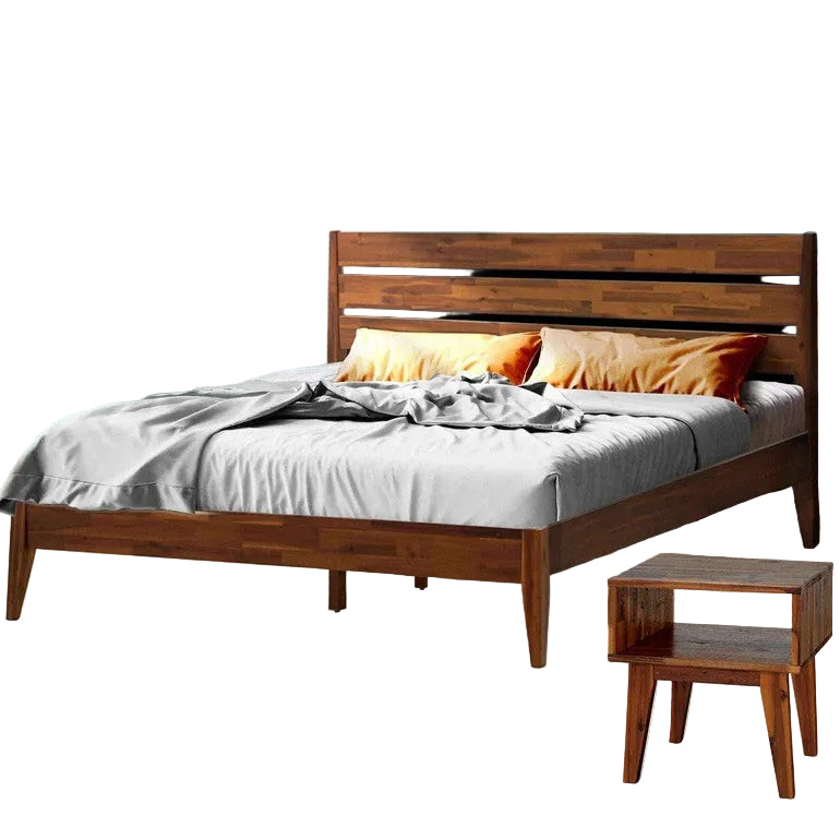 Emery Bed Frame & Nightstand Set - Acacia Solid Wood in Walnut, or Americano