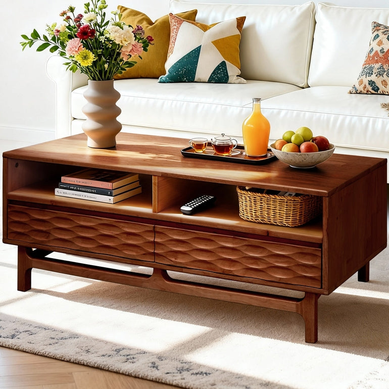 Elara 47.2” Acacia Coffee Table with Drawers & Open Storage - 3 Colors