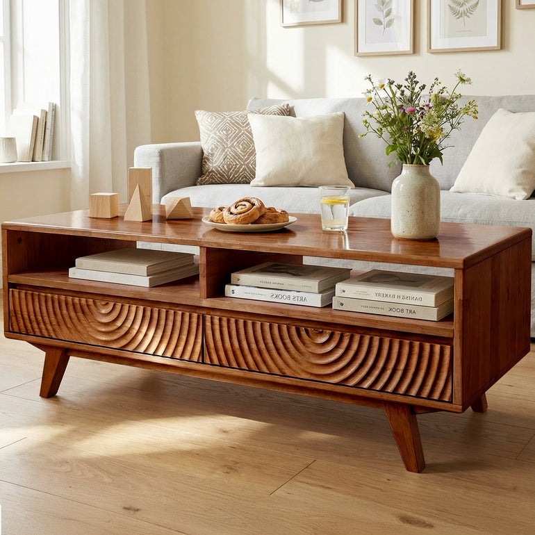 Harmony Solid Acacia Coffee Table with Drawers & Open Storage - 3 Colors