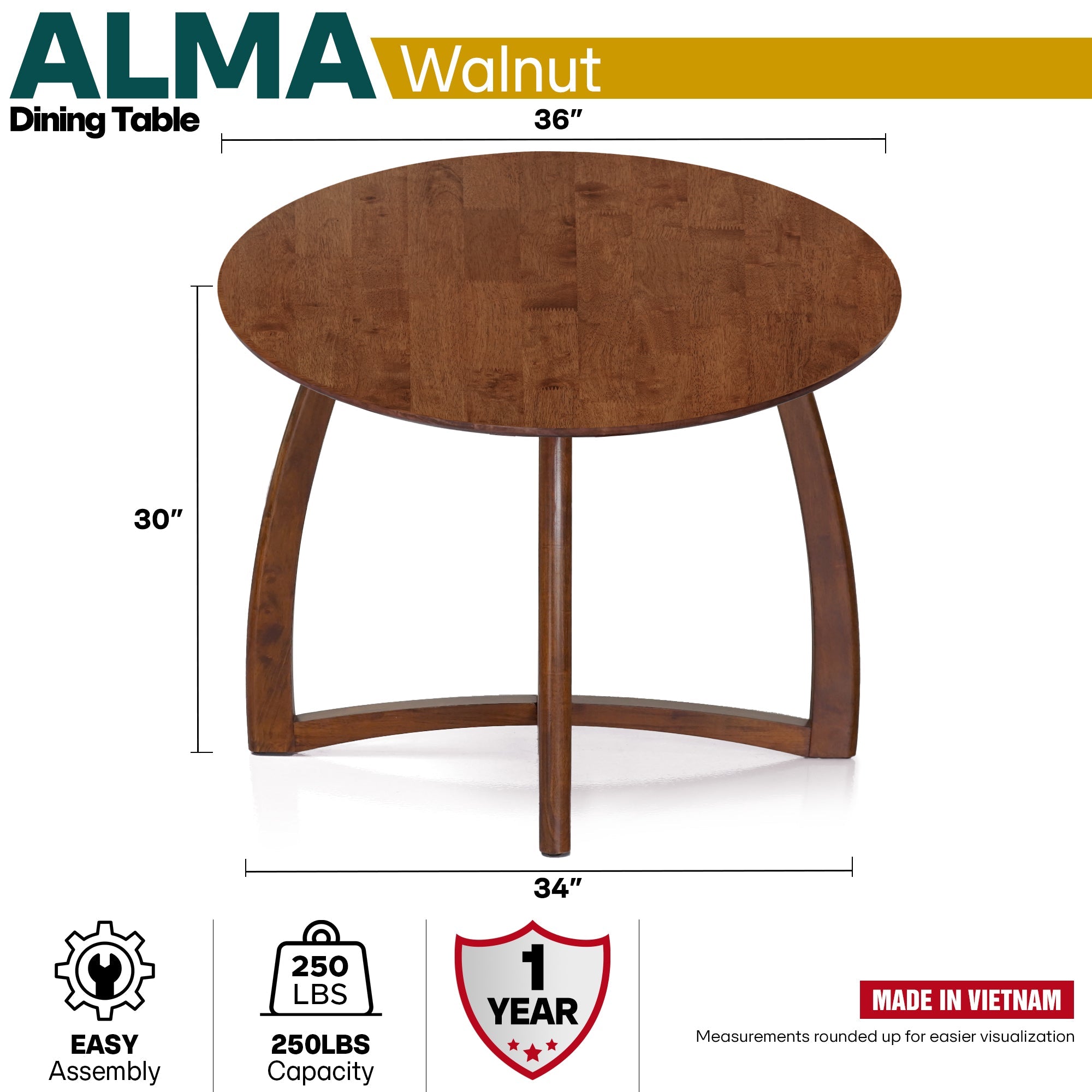 Alma 36 Inch Round Dining Table in Natural or Walnut Finish