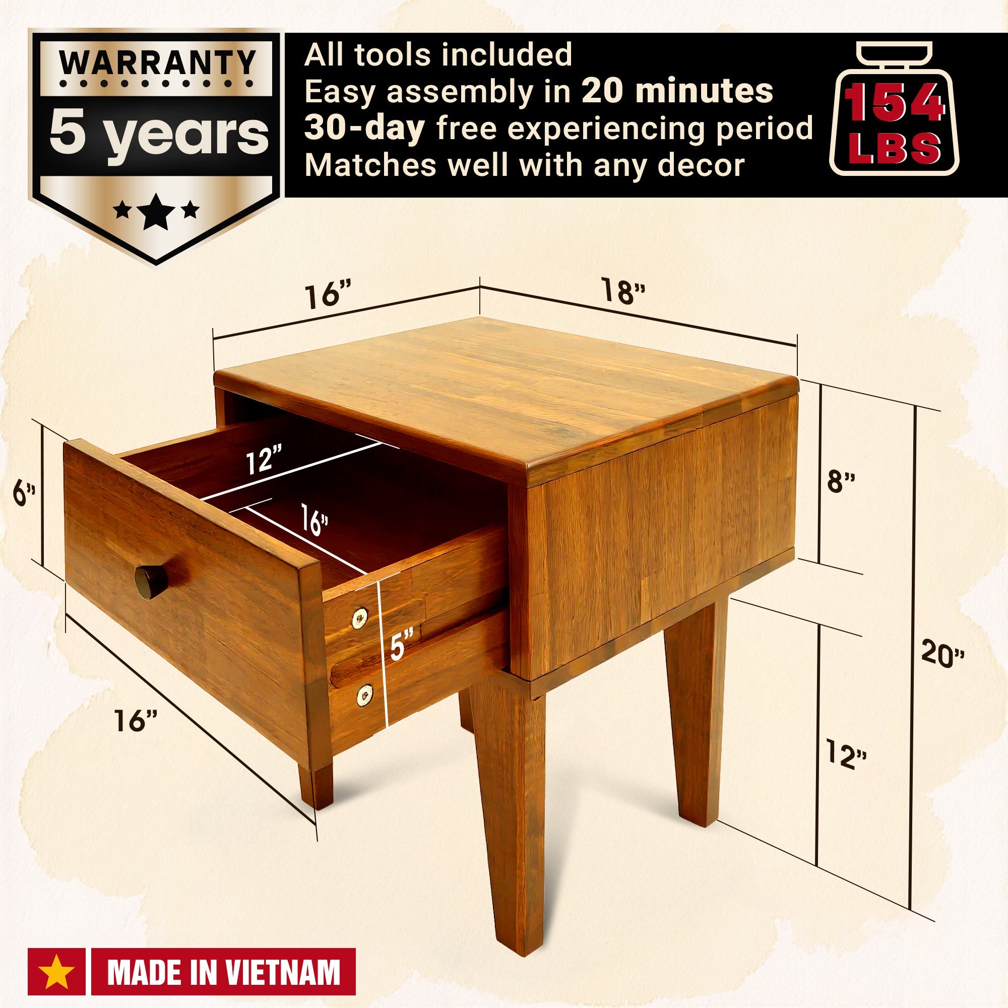 Acacia Sofia 1-Drawer Solid Wood Nightstand for Stylish Storage