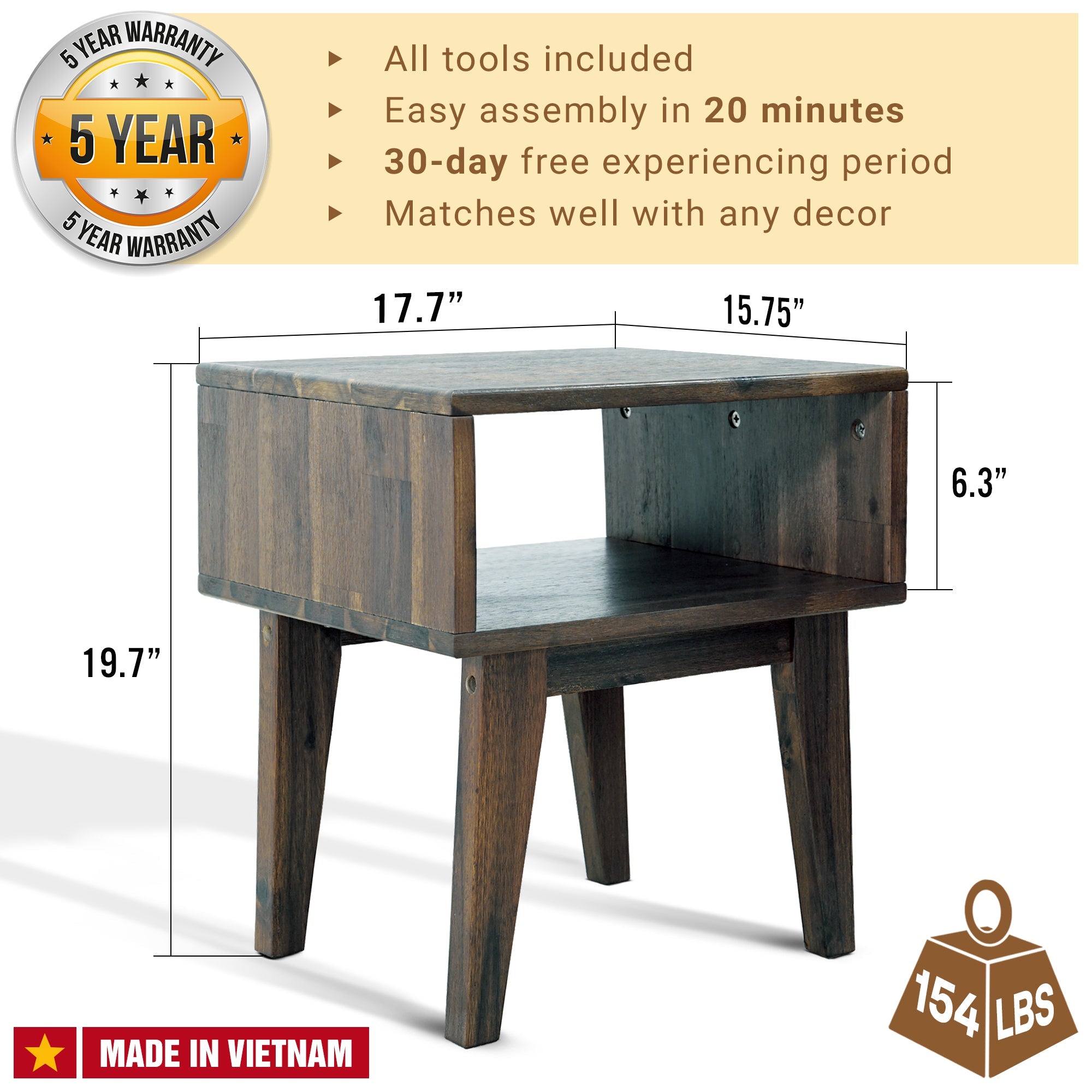 Serena Solid Acacia Wood Nightstand - 6 Colors