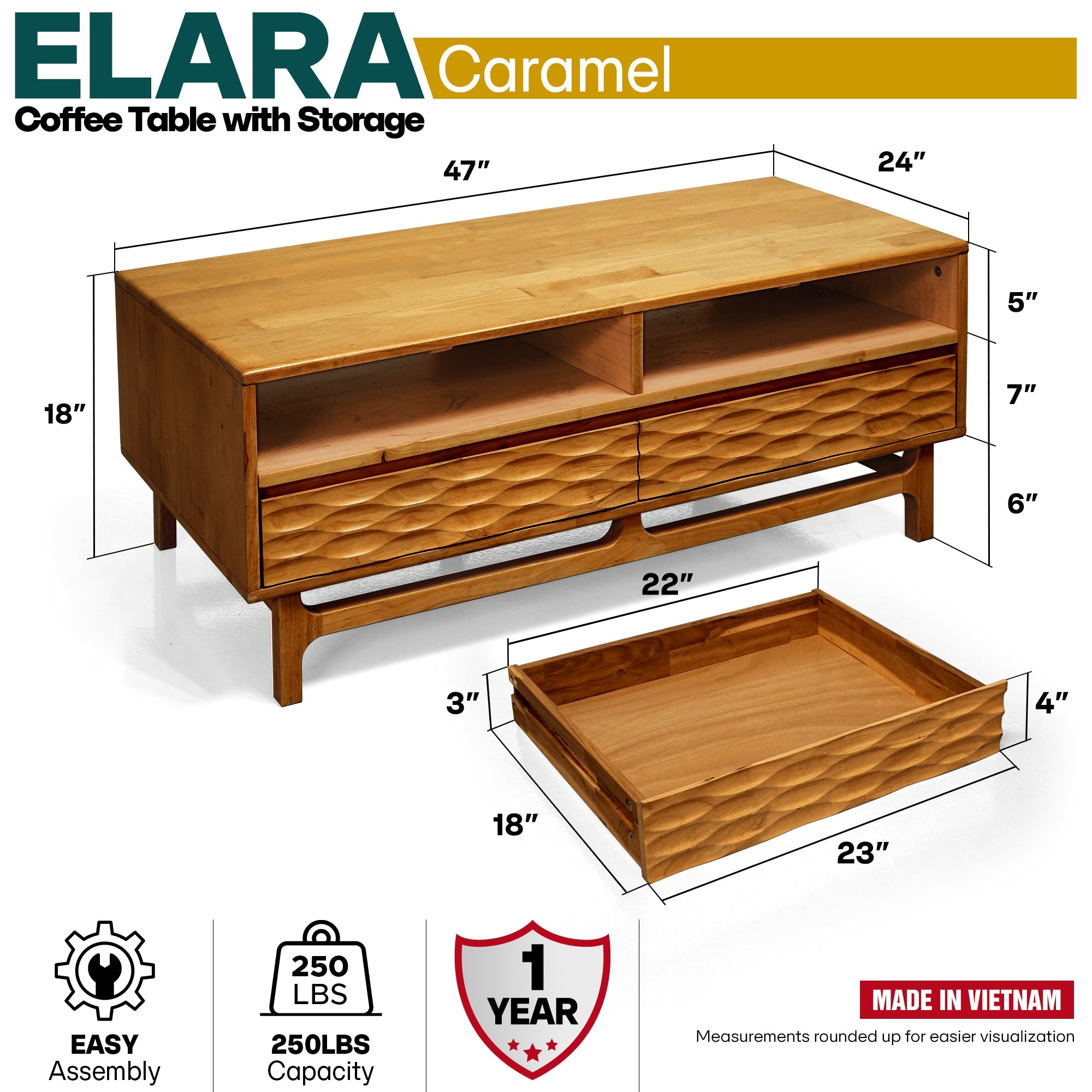 Elara 47.2” Acacia Coffee Table with Drawers & Open Storage - 3 Colors