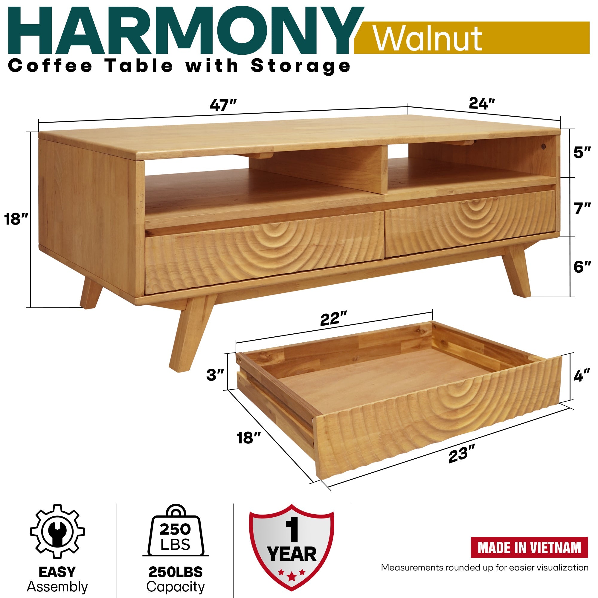 Harmony Solid Acacia Coffee Table with Drawers & Open Storage - 3 Colors