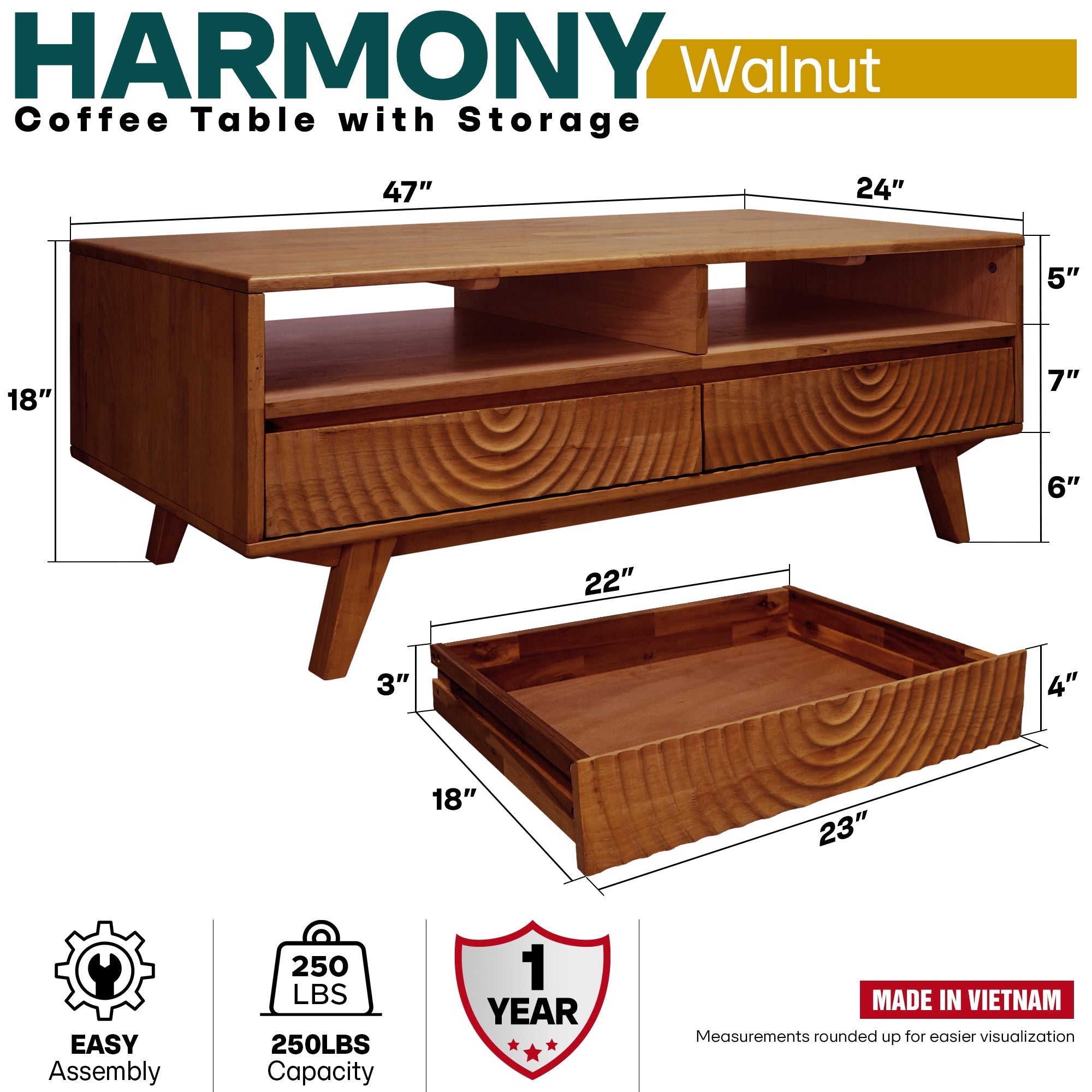 Harmony Solid Acacia Coffee Table with Drawers & Open Storage - 3 Colors