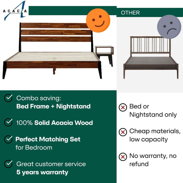 Emery Bed Frame & Nightstand Set - Acacia Solid Wood in Walnut, or Americano