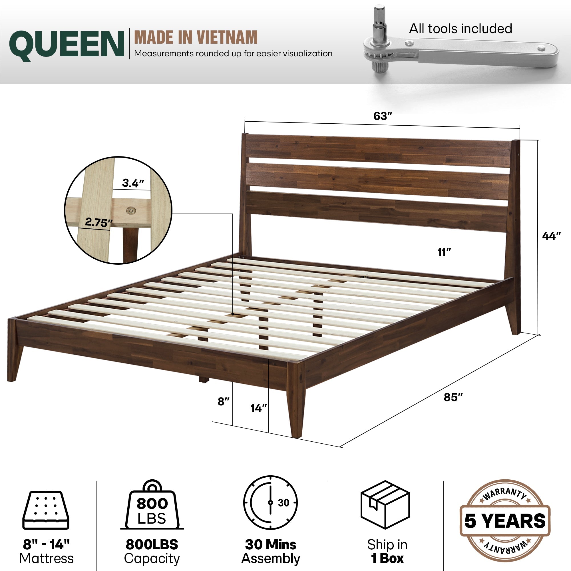 Emery Solid Acacia Wood Bed Frame - Multiple Finishes