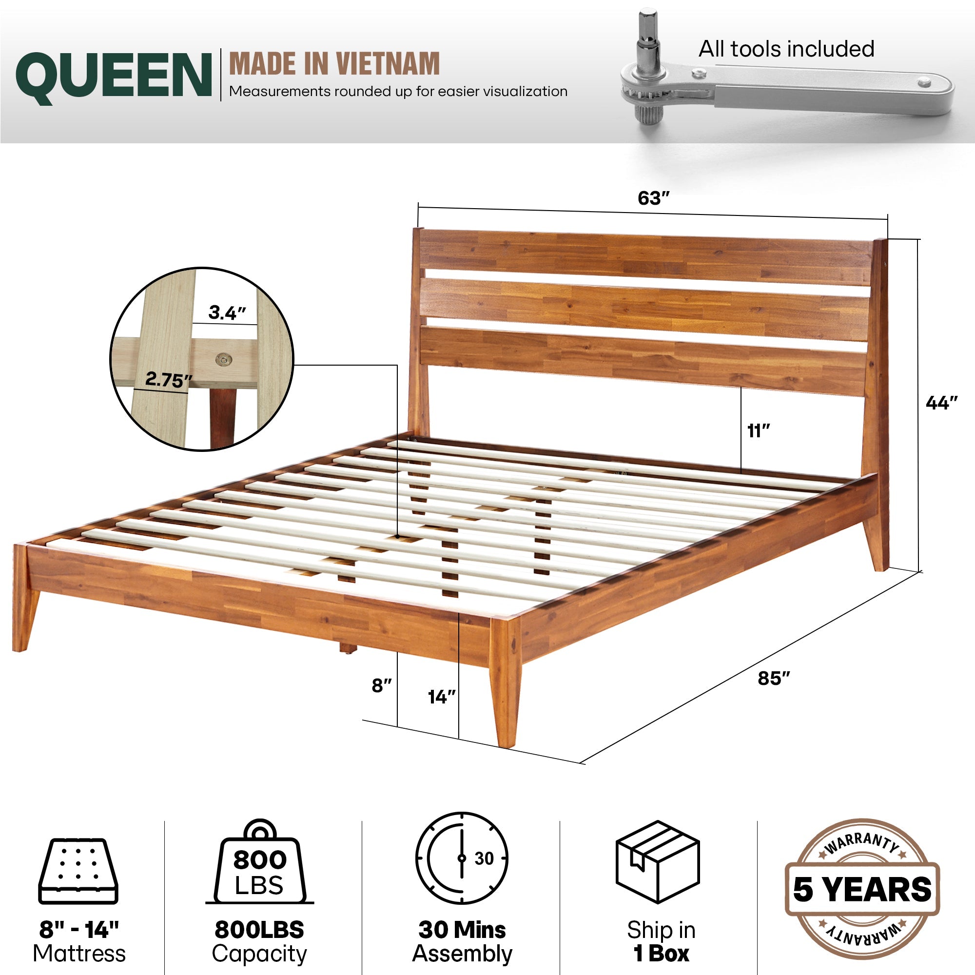 Emery Solid Acacia Wood Bed Frame - Multiple Finishes