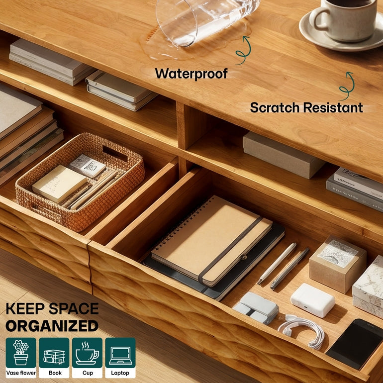 Elara 47.2” Acacia Coffee Table with Drawers & Open Storage - 3 Colors
