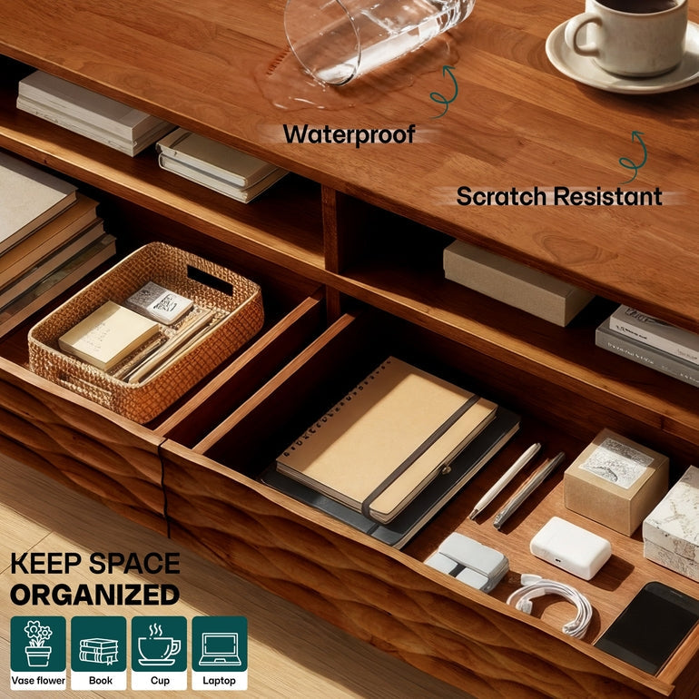 Elara 47.2” Acacia Coffee Table with Drawers & Open Storage - 3 Colors