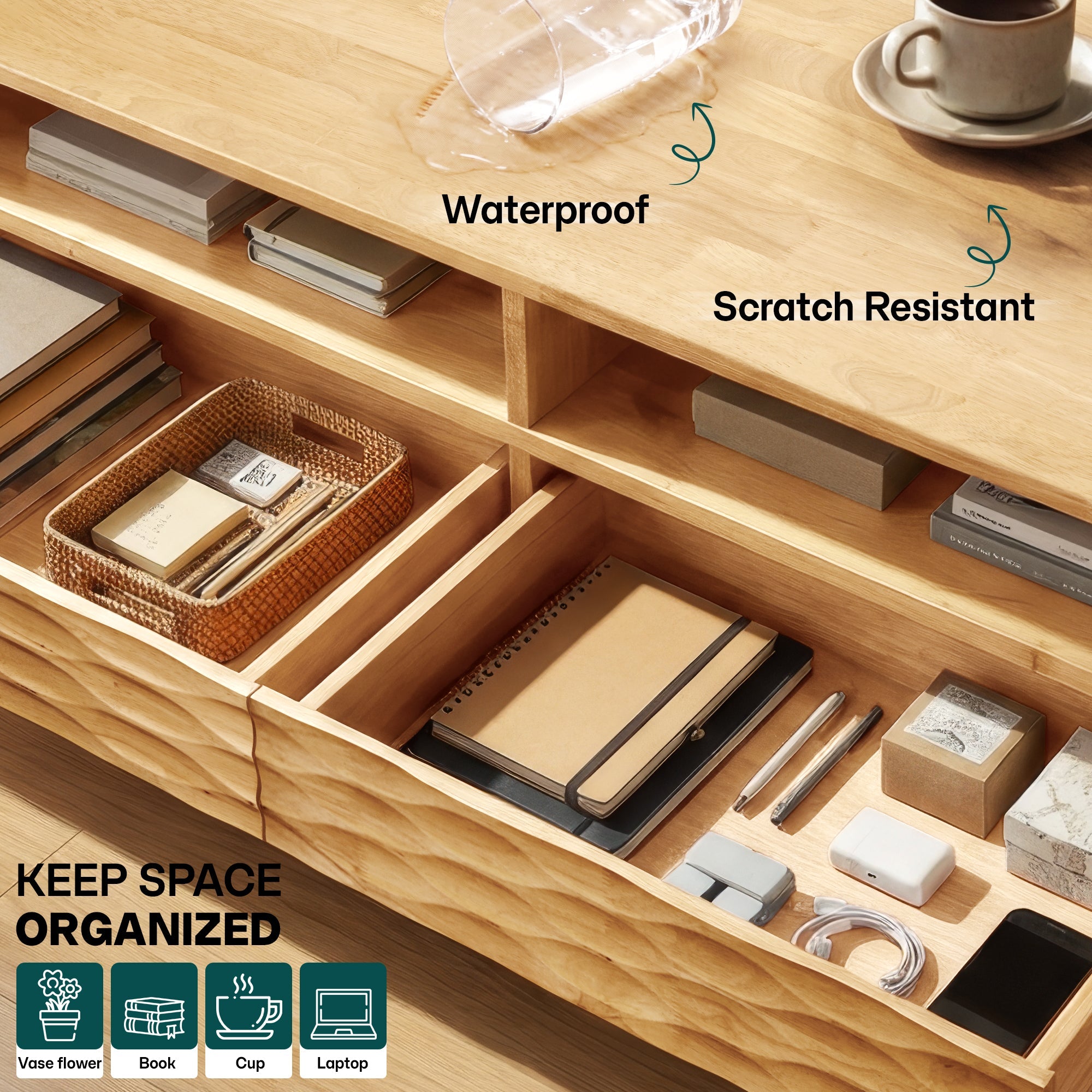 Elara 47.2” Acacia Coffee Table with Drawers & Open Storage - 3 Colors