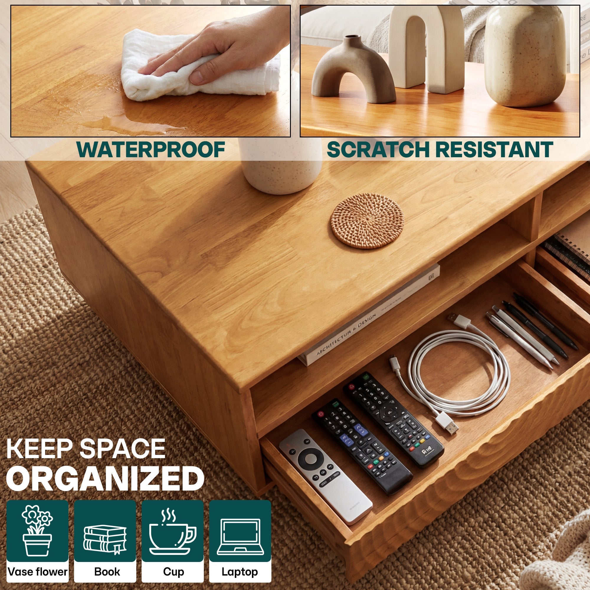 Harmony Solid Acacia Coffee Table with Drawers & Open Storage - 3 Colors