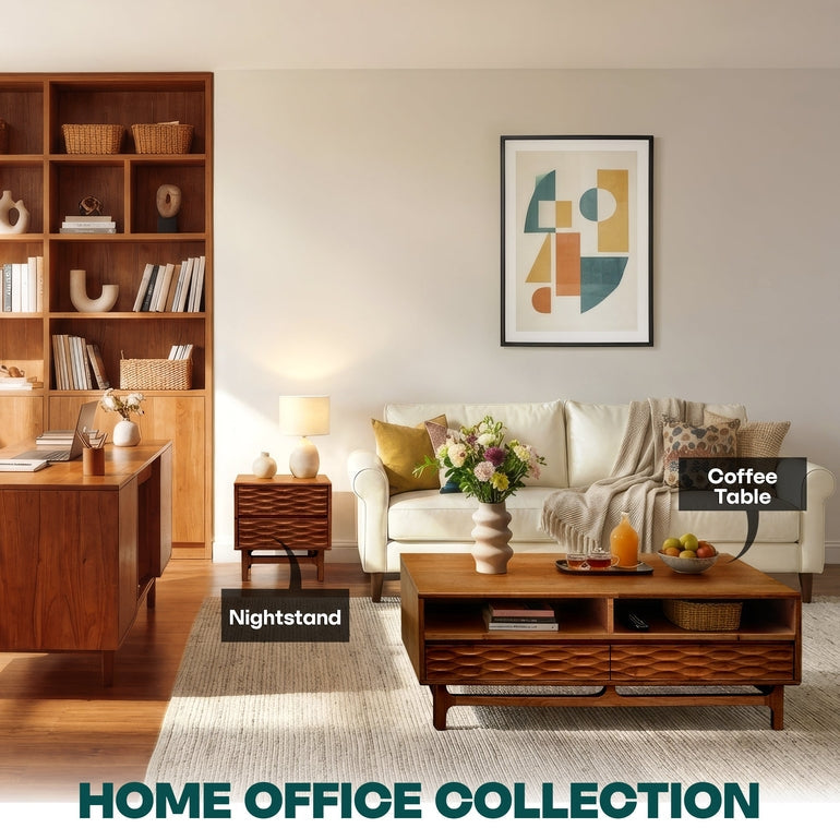 Elara 47.2” Acacia Coffee Table with Drawers & Open Storage - 3 Colors
