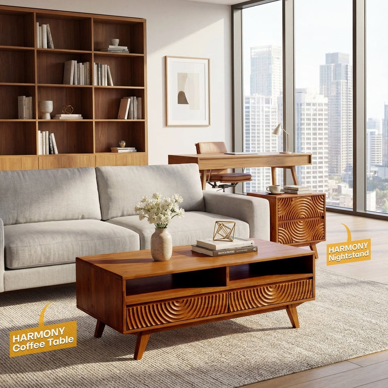 Harmony Solid Acacia Coffee Table with Drawers & Open Storage - 3 Colors