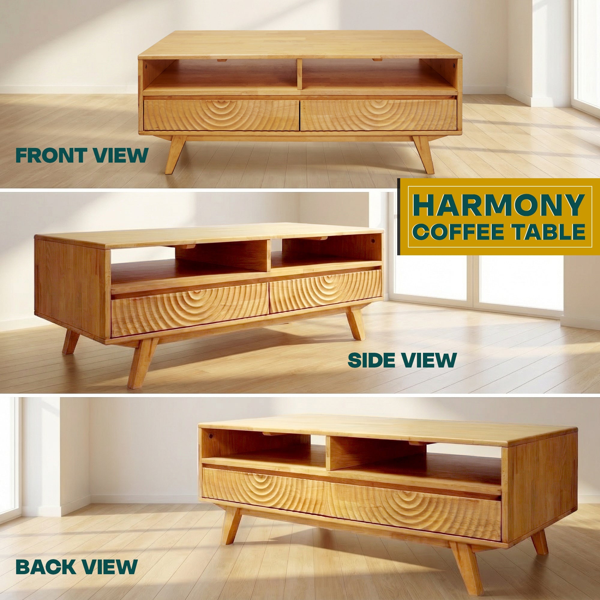 Harmony Solid Acacia Coffee Table with Drawers & Open Storage - 3 Colors